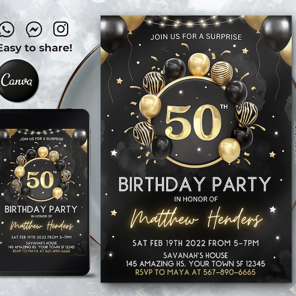 Editable 50th Birthday Invitation Template, Printable Birthday Party Invitations, Digital Party Invite, 5x7, Canva
