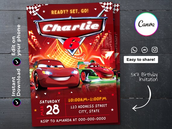 Editable Cars Birthday Invitation Template, Printable Birthday Party