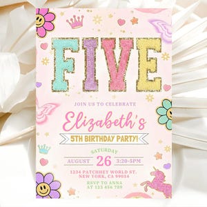 May include: A pink birthday party invitation with the word "FIVE" in large, glittery letters. The invitation includes the text "Elizabeth's 5th Birthday Party!" with details for the event, including the date, time, and location.