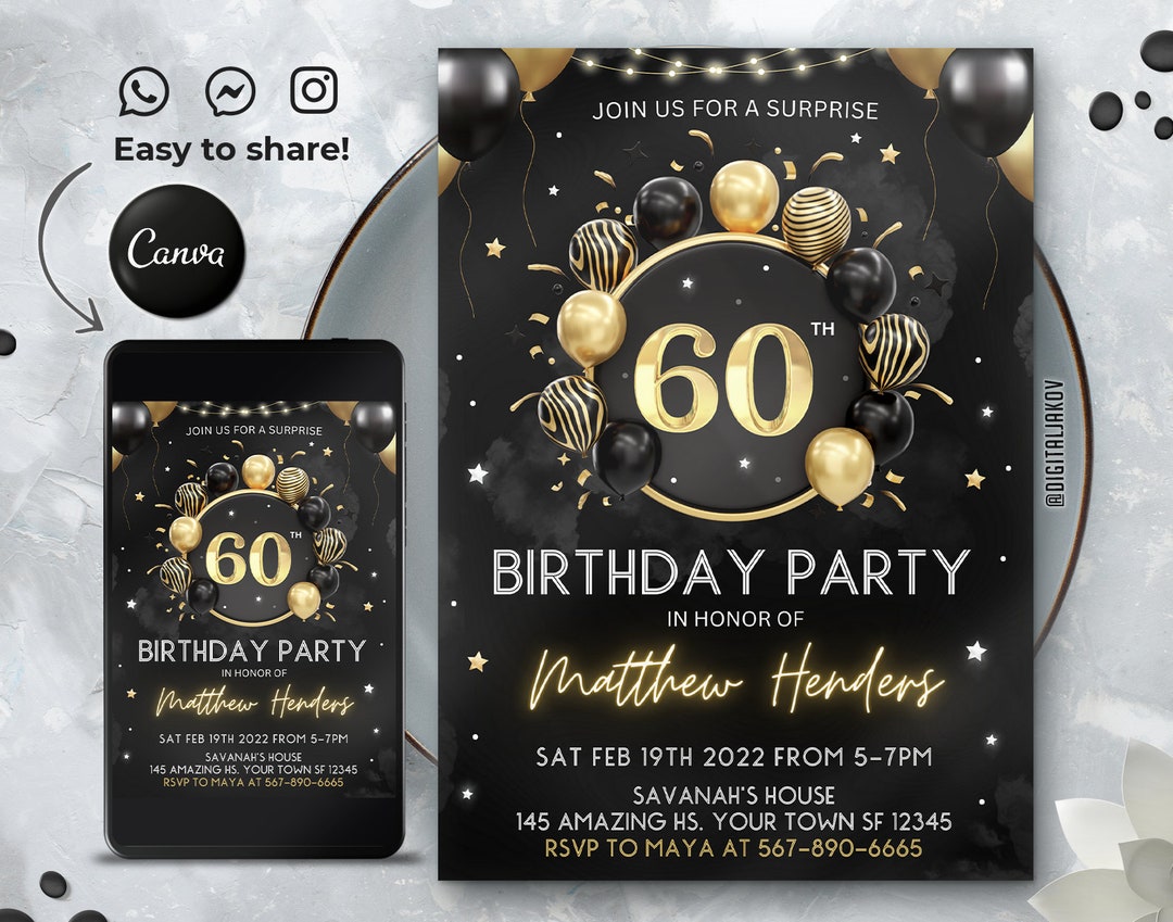 Editable 60th Birthday Invitation Template, Printable Birthday Party Editable 60th Birthday Invitation Template, Printable Birthday Party