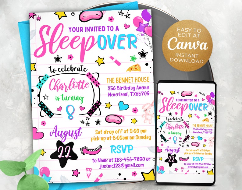 Editable Sleepover Birthday Invitation Template, Printable Birthday ...