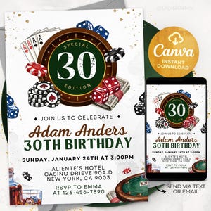 Convite de cassino, 30º 40º 50º 60º festa de aniversário de pôquer, noite de cassino, convite de aposentadoria, modelo editável de convite de pôquer 240901