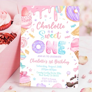 May include: A rectangular birthday invitation card featuring pastel-coloured illustrations of ice cream, doughnuts, and sweets. The text reads: Charlotte is a Sweet ONE, Join us to celebrate Charlotte's 1st Birthday, Saturday, August 24th, 2:00pm-4:00pm, Candy Lucky Drive 99a, New York, CA 9003, RSVP to Emma at 900-900-900.