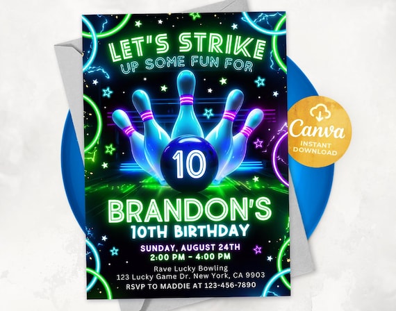 Bowling Birthday Invitation, Strike Up Some Fun, Glow Bowling Invitation, Neon Bowling Party, Boy Bowling Invite, Canva 2502