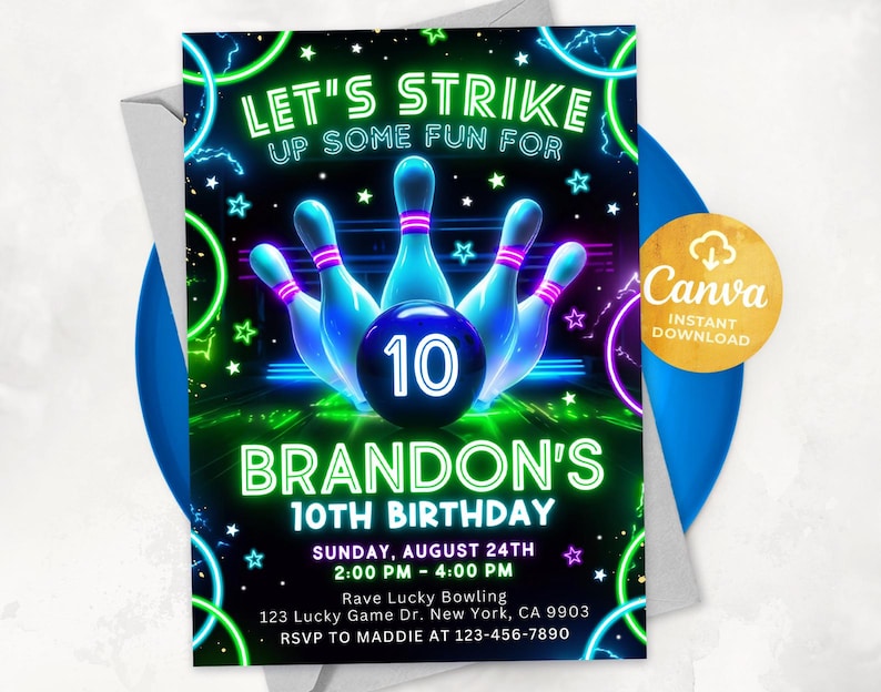 May include: Neon green and purple bowling pins with a glowing ball in the center. The ball has the number 10 on it. The text "Let's Strike Up Some Fun For Brandon's 10th Birthday" is at the top of the invitation. The invitation also includes the date, time, and location of the party.