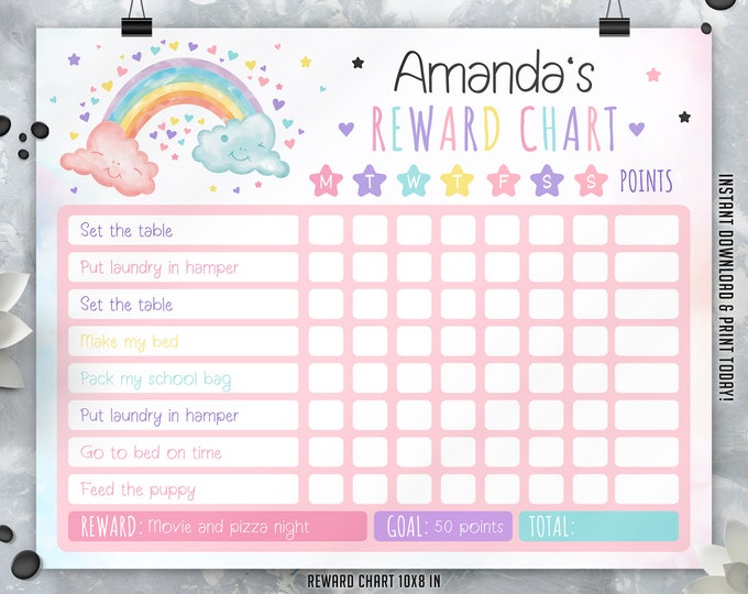 Editable Rainbow Reward Chart Girls Chore Chart Edit Name Details and ...