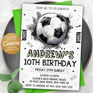 Bewerkbare voetbal verjaardagsuitnodiging sjabloon, afdrukbare verjaardagsfeestuitnodigingen, digitale kinderfeestuitnodiging, 5x7, Canva DJNEW1 afbeelding 1