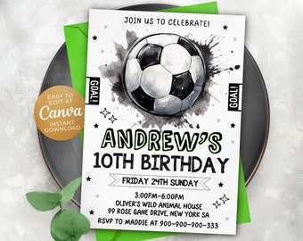 May include: A white and green birthday invitation with a black and white watercolor illustration of a soccer ball. The text reads "Join us to celebrate! Andrew's 10th Birthday. Friday 24th Sunday. 3:00PM-6:00PM. Oliver's Wild Animal House. 99 Rose Gane Drive, New York SA. RSVP to Maddie at 900-900-900-333."