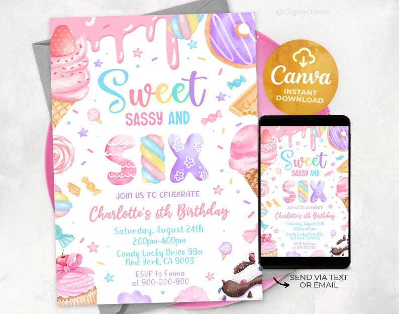 May include: A pink and blue birthday invitation with a sweet and sassy theme. The invitation features a colorful 'six' made of candy and sprinkles, along with other sweet treats like ice cream cones, donuts, and cupcakes. The text on the invitation reads 'Sweet and Sassy Six' and includes details for Charlotte's 6th birthday party.
