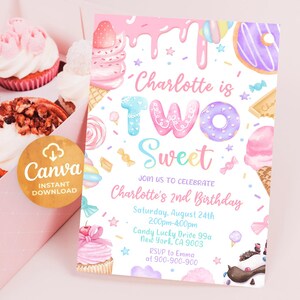 May include: A pink and blue birthday invitation with a watercolor illustration of a donut, ice cream cone, and cupcakes. The text reads "Charlotte is Two Sweet" and includes details for a birthday party.