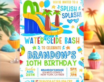 Könnte beinhalten: Eine farbenfrohe Einladung zu einer 10. Geburtstagsfeier mit dem Thema Wasserrutsche. Die Einladung zeigt eine Zeichentrick-Wasserrutsche, Palmen und den Text "You're invited to a Splish Splash! Water Slide Bash to celebrate Brandon's 10th Birthday". Die Einladung enthält auch das Datum, die Uhrzeit und den Ort der Party.