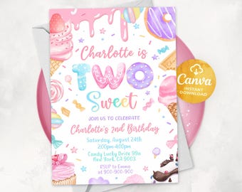 Two Sweet Birthday Invitation, Two Sweet Invitation, 2nd Birthday Invitation, Two Year Dessert Invite, Candy Sweets Donut Invite, Canva 2501