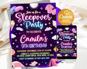 Sleepover Birthday Invitation, Sleepover Invite, Slumber Party, Pajama Party, Retro Sleepover Invite, Canva Template 0501