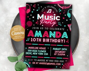 Editable Music Invitation, Tik party invitation, Music Invites, 5x7, Canva DSW2