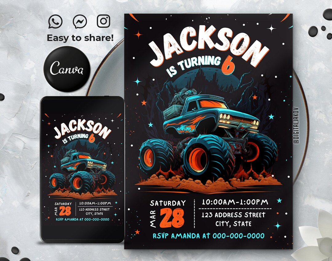 Editable Monster Truck Birthday Invitation Template, Printable Birthday ...