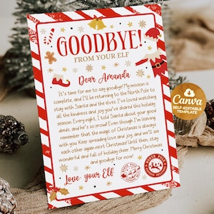 May include: A festive Christmas letter with a red and white striped border. The letter includes the text "GOODBYE! FROM YOUR ELF" and is addressed to "Dear Amanda." Decorative elements include snowflakes, stars, and a Santa Claus illustration. The letter is a Canva self-editable template.