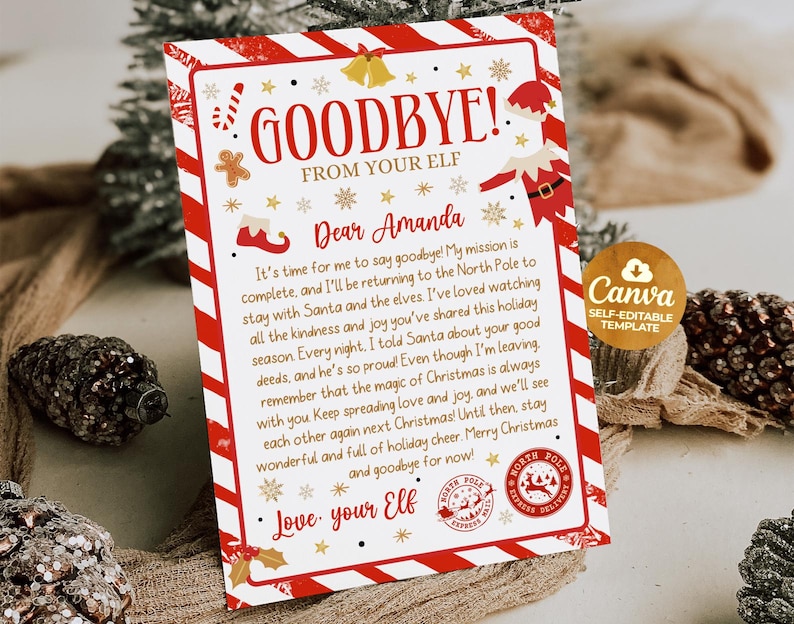 May include: A festive Christmas letter with a red and white striped border. The letter includes the text "GOODBYE! FROM YOUR ELF" and is addressed to "Dear Amanda." Decorative elements include snowflakes, stars, and a Santa Claus illustration. The letter is a Canva self-editable template.