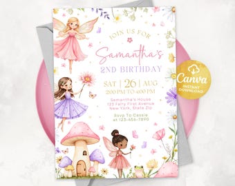 Peut inclure: Une invitation fantaisiste pour le 2e anniversaire de Samantha, avec des illustrations à l'aquarelle de fées, de champignons et de fleurs. Le texte indique "Rejoignez-nous pour le 2e anniversaire de Samantha" avec les détails de l'événement. Un logo Canva Instant Download est visible.