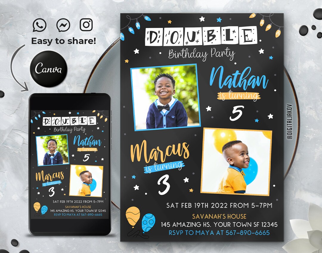 Editable Double Birthday Boys Invitation Template, Printable Birthday