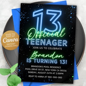 Invito per il 13° compleanno di un ragazzo, invito per il 13° compleanno, invito ufficiale per adolescenti, 5x7 Canva NEWS1
