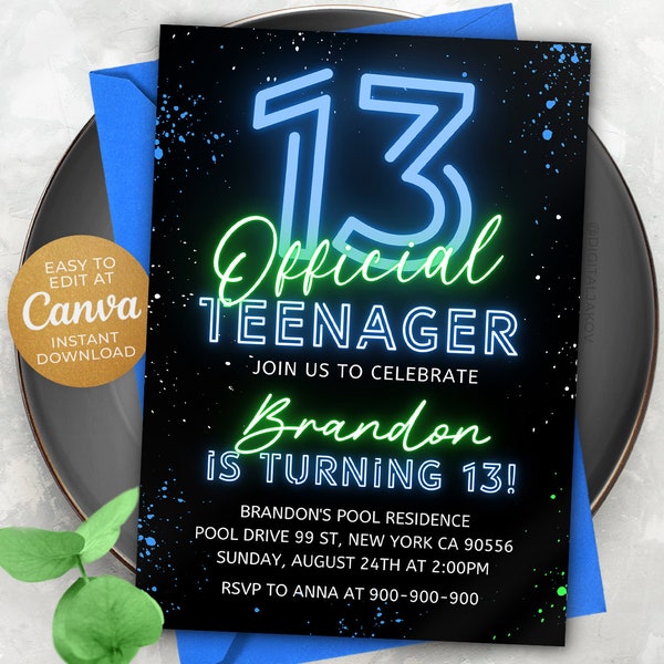 13Th Boy Birthday Invitation, 13Th Invitation, Official Teenager Invitation, 5x7 Canva NEWS1