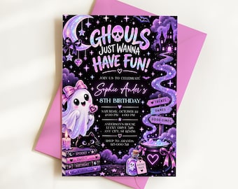 Ghouls Just Wanna Have Fun Birthday Invitation, Girl Halloween Birthday Invitation, Pastel Disco Theme, Digital or Printed DJ2903