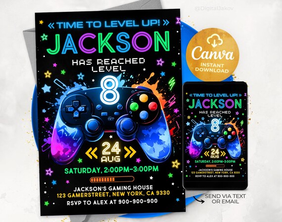 Gamer Video Game Invitation, Game Party Invitation, Level Up Birthday Invite, Game Party Invites, Editable Canva Template 091