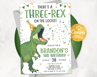 Dinosaur Birthday Invitation, Editable Three Rex Birthday Invite, Boys Third Birthday Dino Party, Three-Rex On The Loose, DJ2571