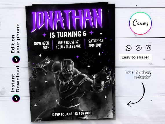 Editable Black Panther Birthday Invitation Template, Printable Birthday ...