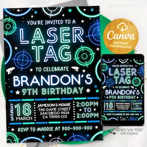 Laser Tag Party Invitation Neon Birthday Party Invite glow laser tag birthday, 5x7 Canva NEWS2