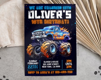 May include: A blue and orange monster truck with flames on the side. The truck is on a dark blue background with stars. The text "We are crashing into Oliver's 10th Birthday!" is at the top of the image. The text "Sunday February 22th" is at the bottom left of the image. The text "Oliver's House 383 Jump Street, New York, CA 9999" is at the bottom center of the image. The text "2PM until 3PM" is at the bottom right of the image. The text "RSVP to Anna's at 123-456-789" is at the bottom center of the image.