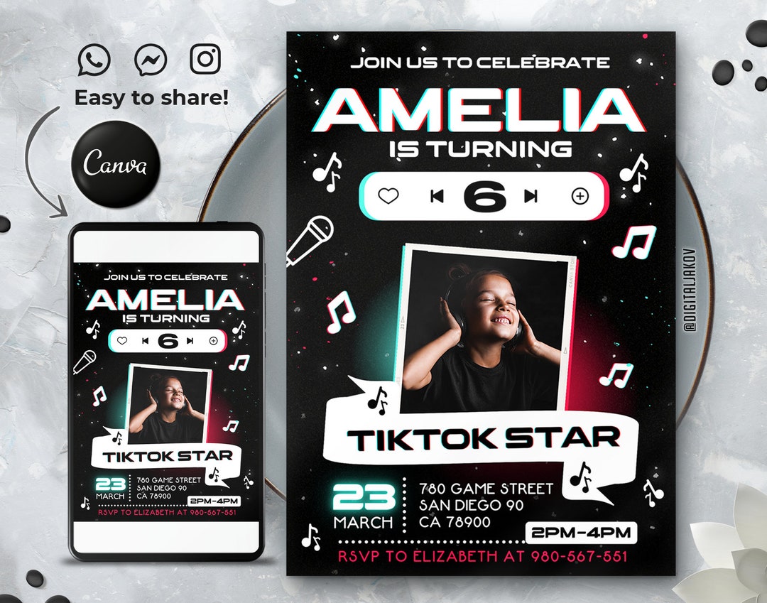 Editable Music Tik-tok Birthday Invitation Template, Printable Birthday ...