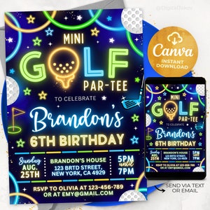 Mini Golf Geburtstagseinladung, Golf Party lädt Jungen Mädchen Mini Golf Neon Glow Gloss Arcade Laser, bearbeitbare Canva 24051