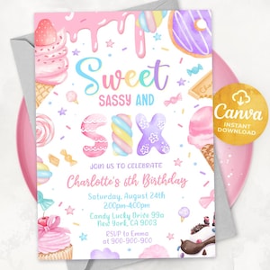 Sweet Sassy and Six Birthday Invitation, Girl 6th Birthday Invitation, Sweet Six Invitation, Pastel Sweets Dessert Donut Candy, Canva 2502