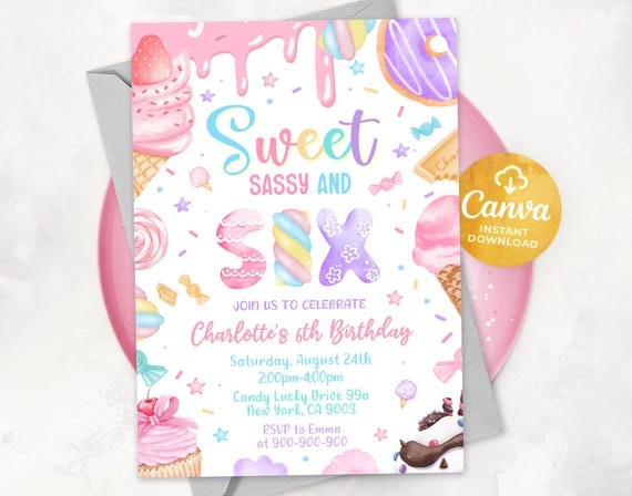 Sweet Sassy and Six Birthday Invitation, Girl 6th Birthday Invitation, Sweet Six Invitation, Pastel Sweets Dessert Donut Candy, Canva 2502
