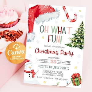 Christmas Party Invitation Kids Holiday Santa Hat Oh What Fun Invite Christmas Birthday, Template Canva 2401G