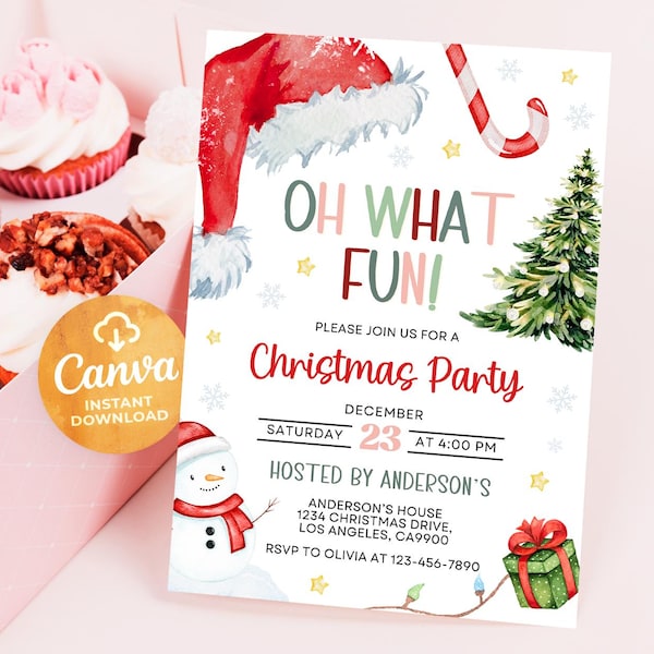 Weihnachtsparty Einladung Kinder Urlaub Nikolausmütze Oh was Spaß einladen Weihnachten Geburtstag, Template Canva 2401G