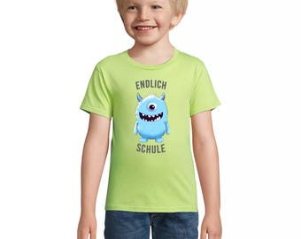 Schulkind 2025 Geschenk Bio T-Shirt Schuleinführung Endlich Schule süsses einäugiges hellblaues Monster- Einzelanfertigung auf Bestellung