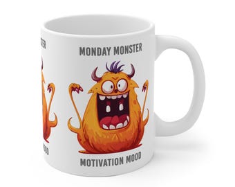 Smiling Cute Orange Monster Ceramic Mug, Monday Monster Motivation Mood, Coffee Cup, Tea Mug, Funny Monster Drinkware, Cute Cartoon Mug