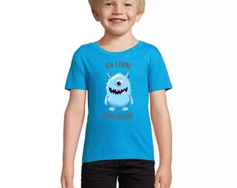 Schulkind 2025 Geschenk Ich lerne sehr gerne süßes lachendes Monster Bio Baumwolle T-Shirt - Einzelanfertigung auf Bestellung