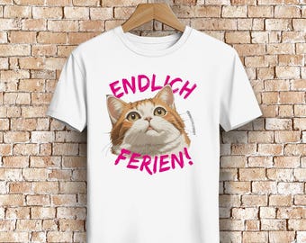 Unisex Premium Bio T-Shirt Endlich Ferien! süße Anime Design Katze Geschenk für Schulabschluss