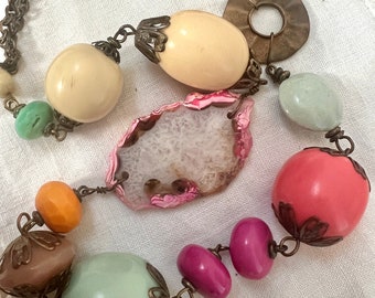 Vintage handmade colourful resin and natural Quartz necklace  big Old Plastic Beads Happy Dopamine Jewellery Gift for her