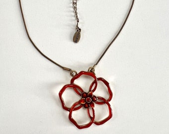 Danish Design Vintage PILGRIM Choker Collar Necklace with Red Enamel Open Flower Design Brass Pendant  Made in Denmark signed  1990s