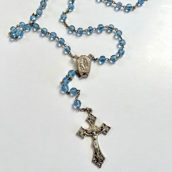 Antique Prayer Beads Religious Cross necklace Reserved for Holly Rosary of Uranium Blue Glass Beads Ca 1900s