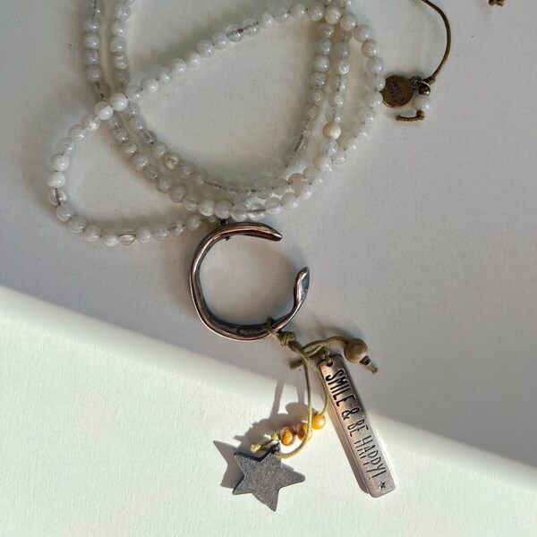 Handmade artisan long necklace with silver SMILE and BE HAPPY mantra pendant from Betty's Dream made in Barcelona, Spain
