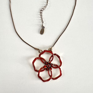Danish Design Vintage PILGRIM Choker Collar Necklace with Red Enamel Open Flower Design Brass Pendant  Made in Denmark signed  1990s