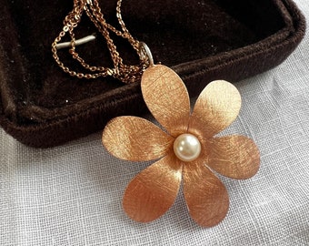 Big 925 Silver Rose pendant Necklace handmade Gold Brushed Sterling Silver Flower with Pearl  Never Worn