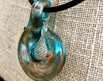 Blue Vintage Murano Gold Foil Glass Pendant Necklace curved swirl handmade Art Glass  with Black Cord