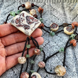 Vintage French Artisan handmade Necklace with clay beads stoneware Jade and bronze beads double size wear