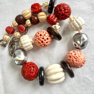 Vintage Art Deco Carved Galalith Bead Necklace: Faux Coral & Ivory, 1930s